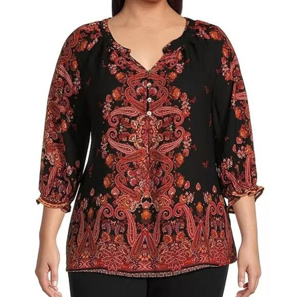 Anthropologie Fig and Flower Women's  Blouse Paisley Floral Black Red  3X Fall - Picture 1 of 9